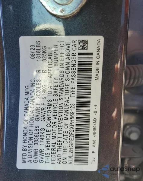 2023 Honda Civic Lx from USA, damaged, VIN 2HGFE2F2XPH569123